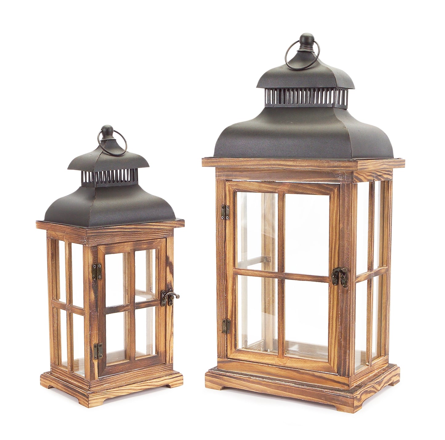 Rustic Wood and Metal Lantern Set