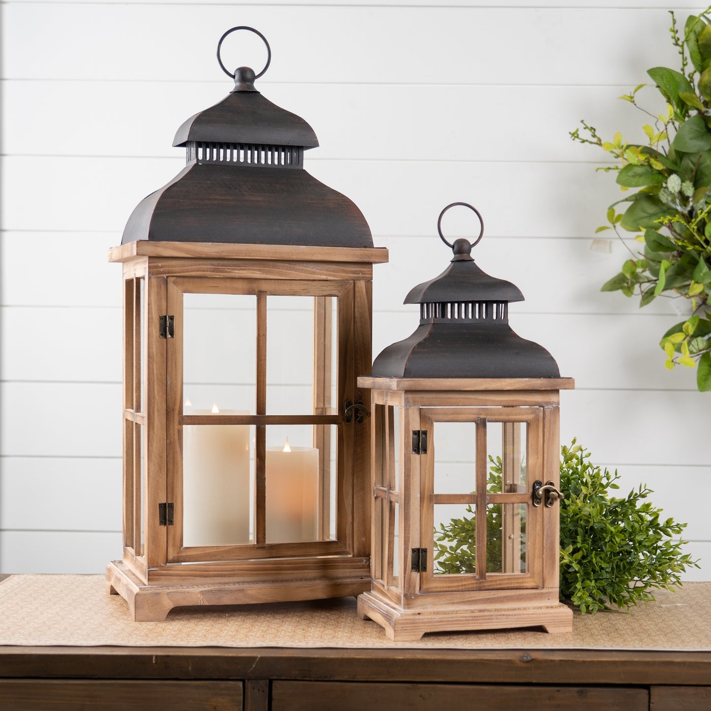 Rustic Wood and Metal Lantern Set