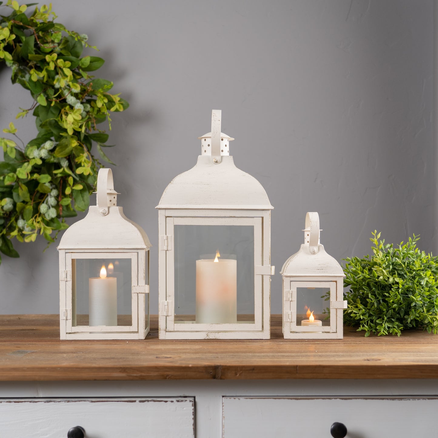 Modern Ivory Metal Lantern Set