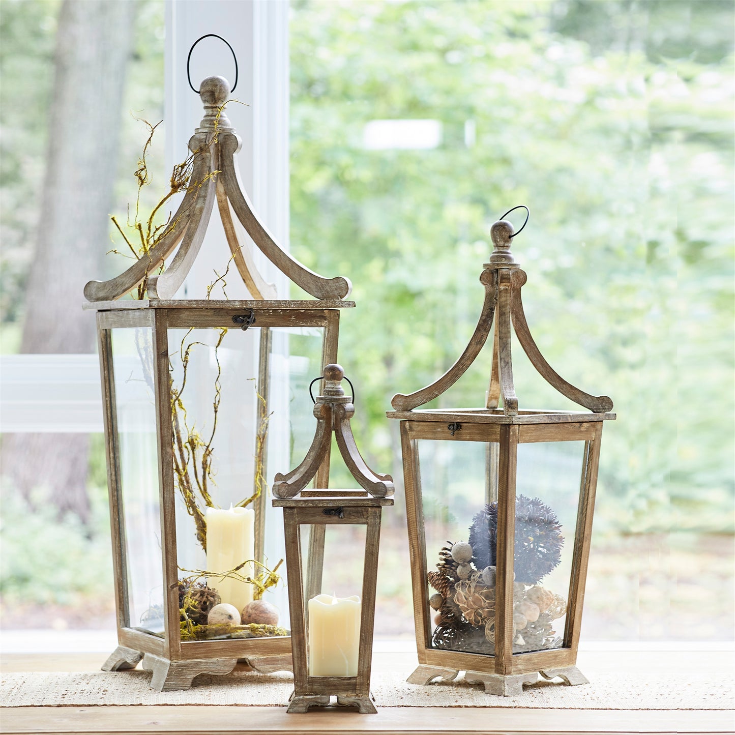 Tapered Wooden Floor Lantern Set