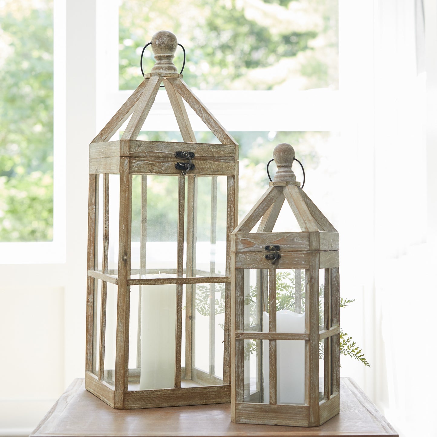Contemporary Light Wood Floor Lantern Set