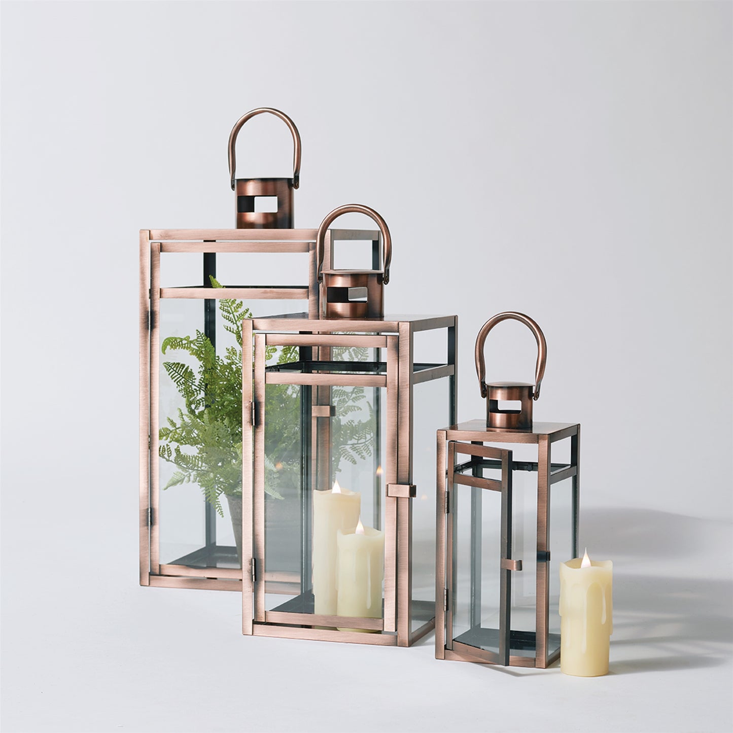 Contemporary Copper Metal Box Lantern Set