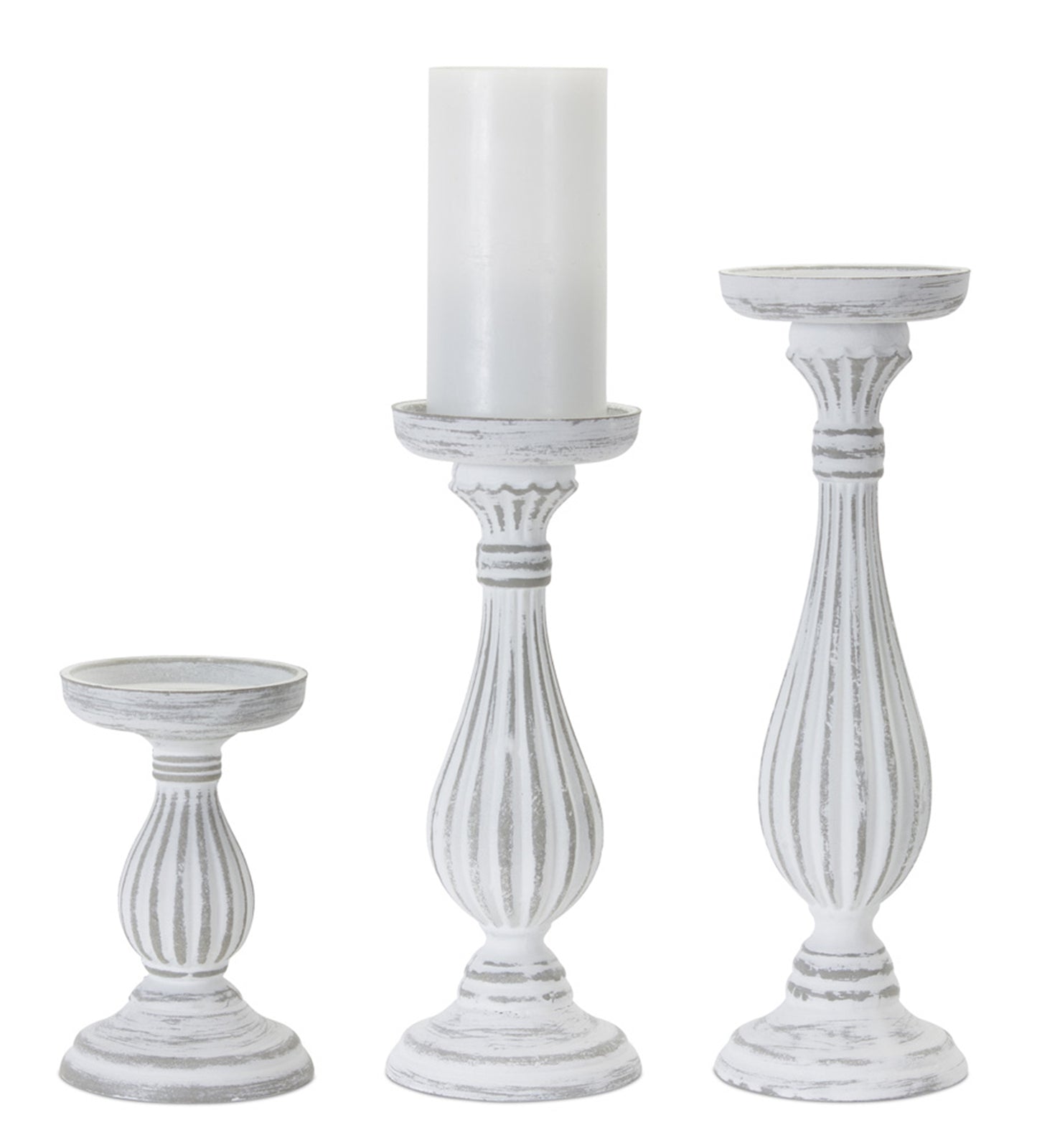 Traditional White Washed Wooden Candle Holder Set