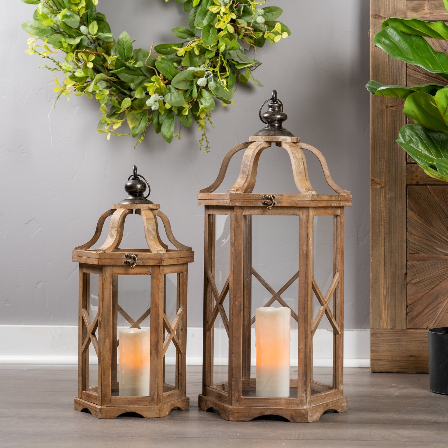 Natural Wood Hexagon Lantern with Curved Top Set