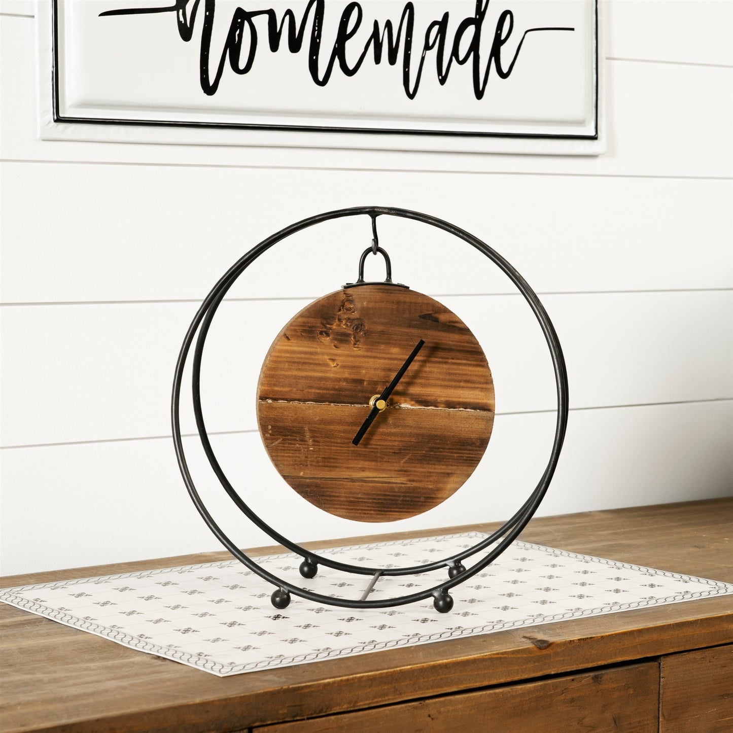 Natural Wooden Hanging Clock in Round Metal Stand