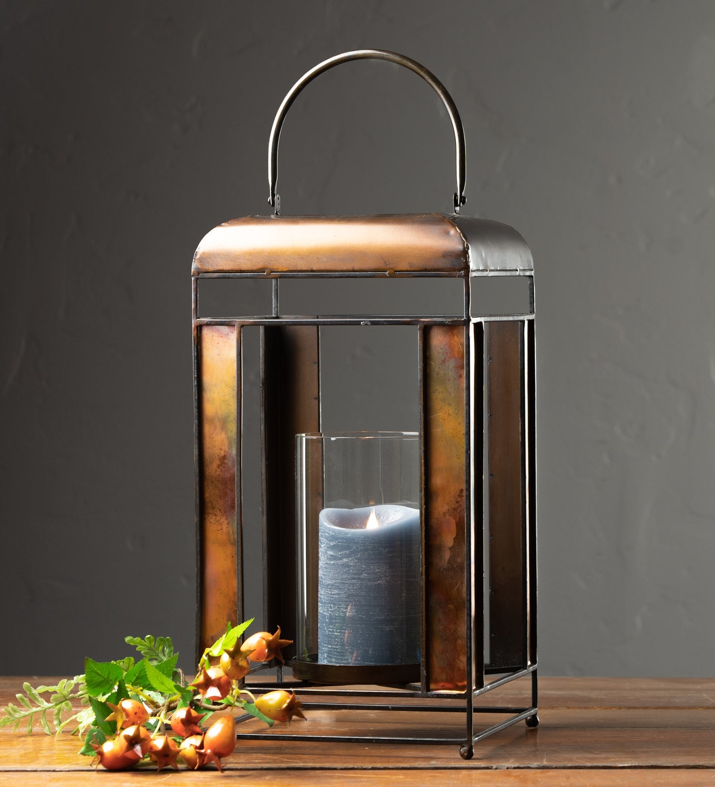 Bronze Metal Candle Holder with Amber Glass Panes and Hurricane