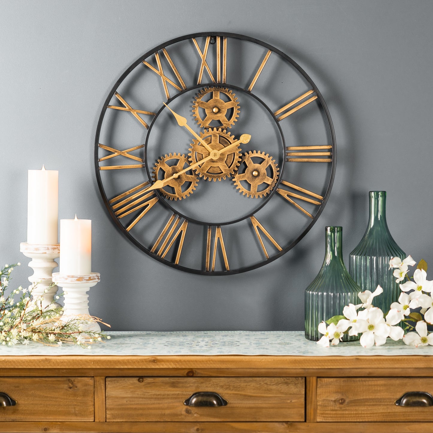 Industrial Iron Gears Wall Clock with Roman Numerals