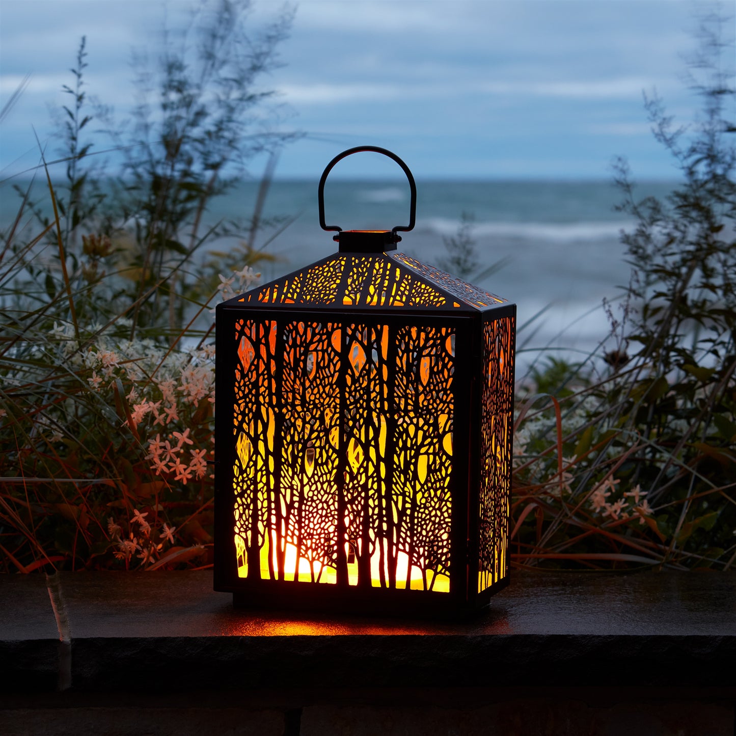 Forest Cut Metal Lantern with Gold Accent