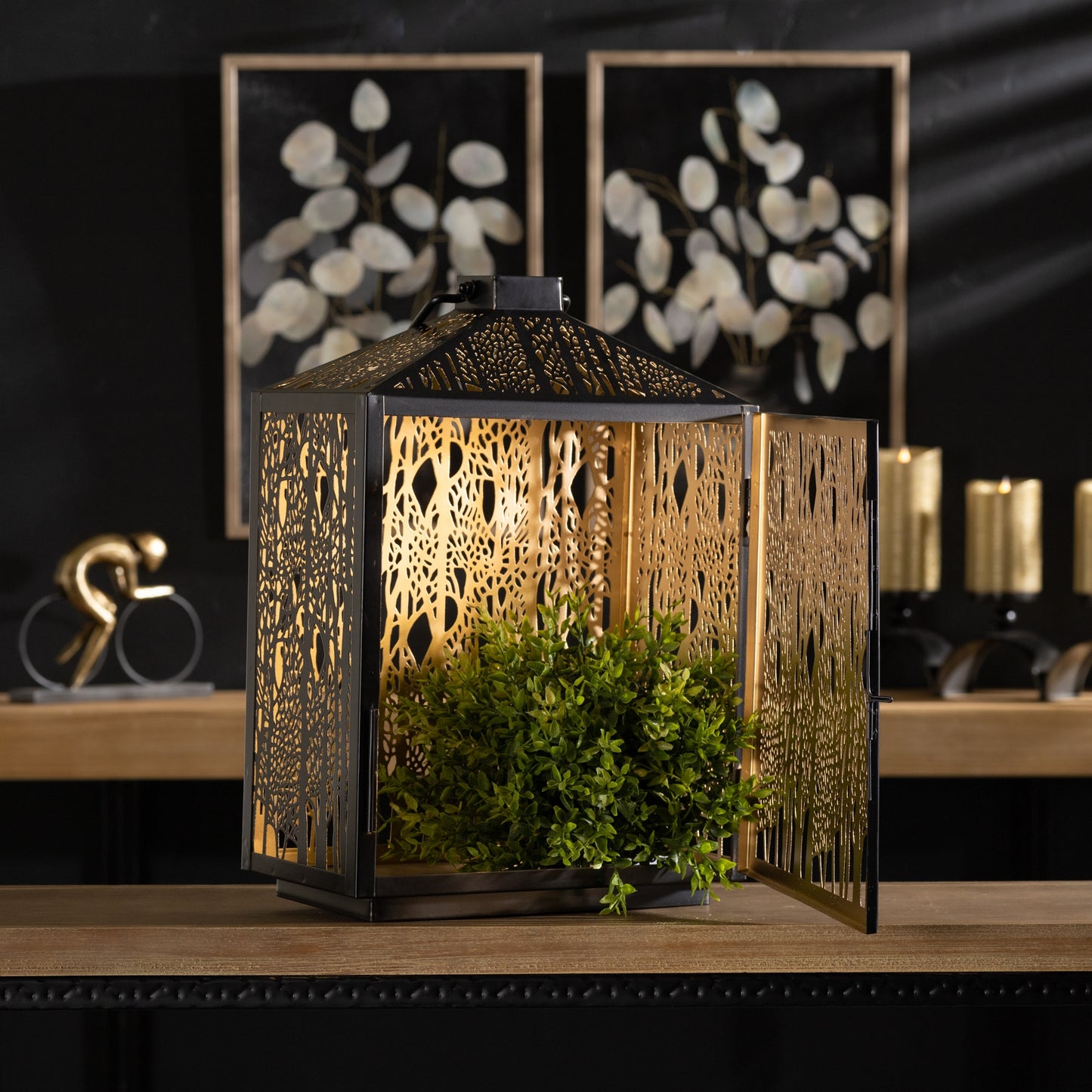 Forest Cut Metal Lantern with Gold Accent