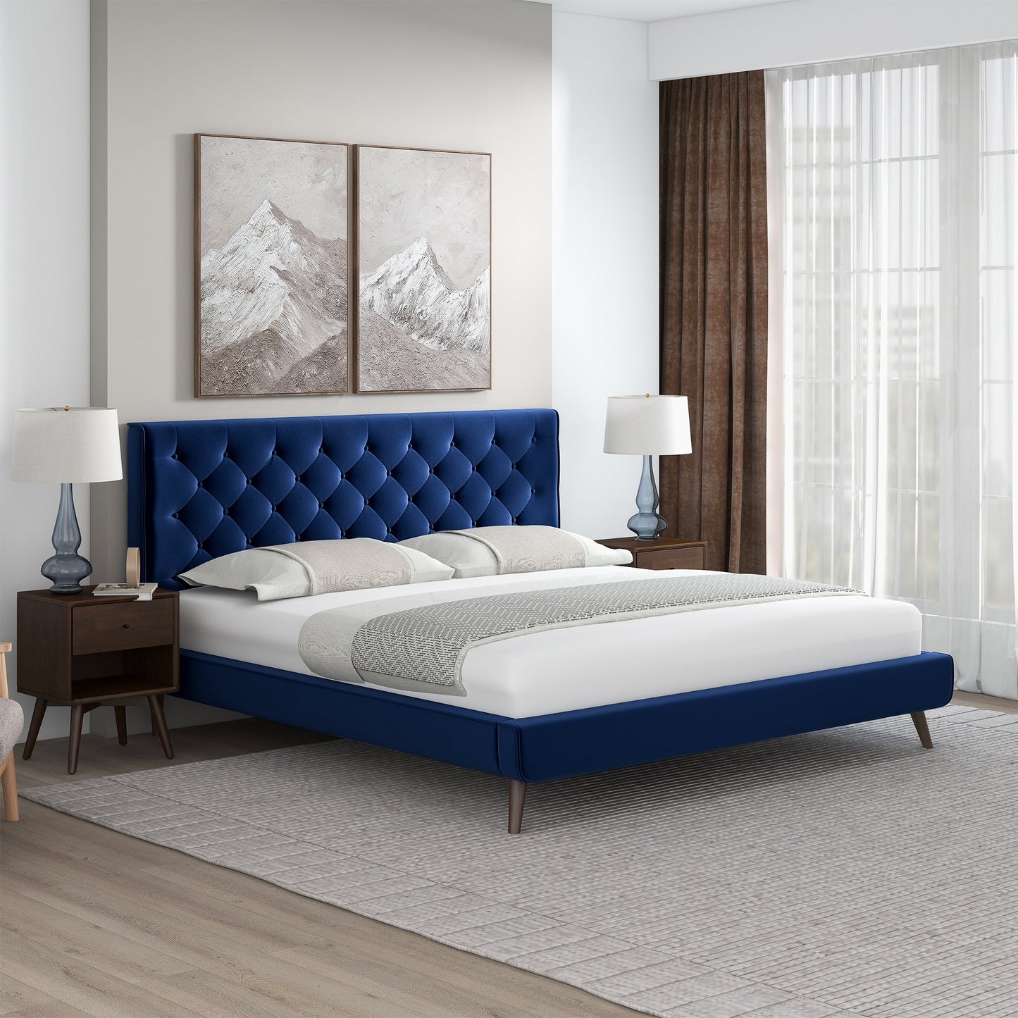 Dillon Blue Velvet Platform Bed King