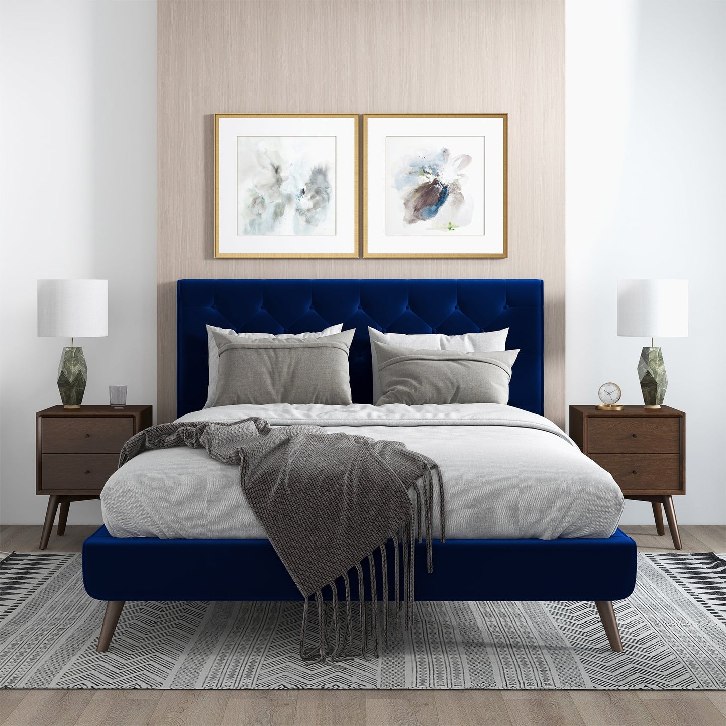 Dillon Blue Velvet Queen Platform Bed