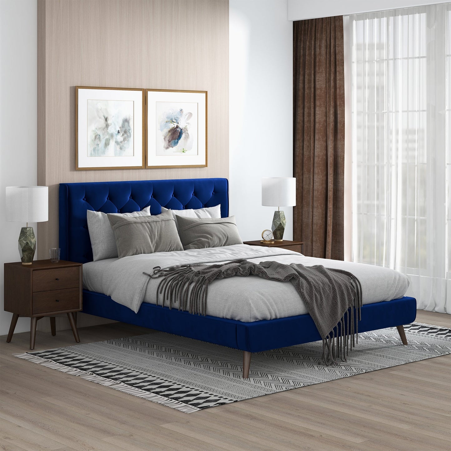 Dillon Blue Velvet Queen Platform Bed