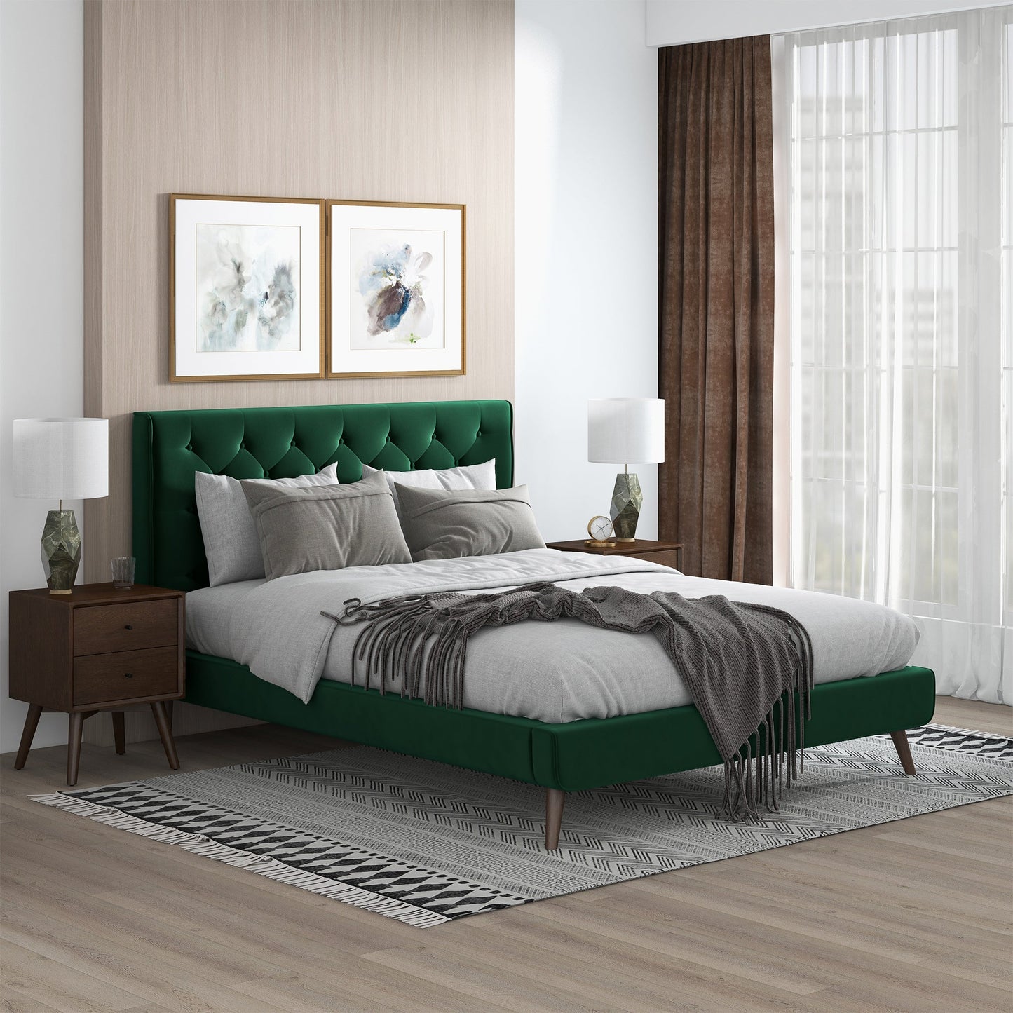 Dillon Dark Green Velvet Queen Platform Bed