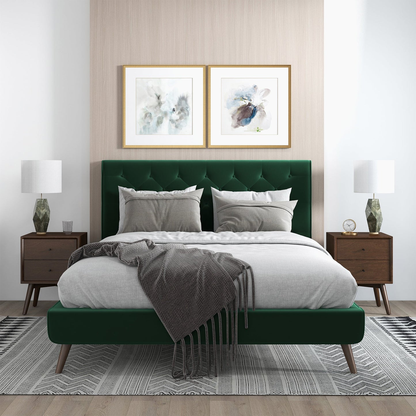 Dillon Dark Green Velvet Queen Platform Bed