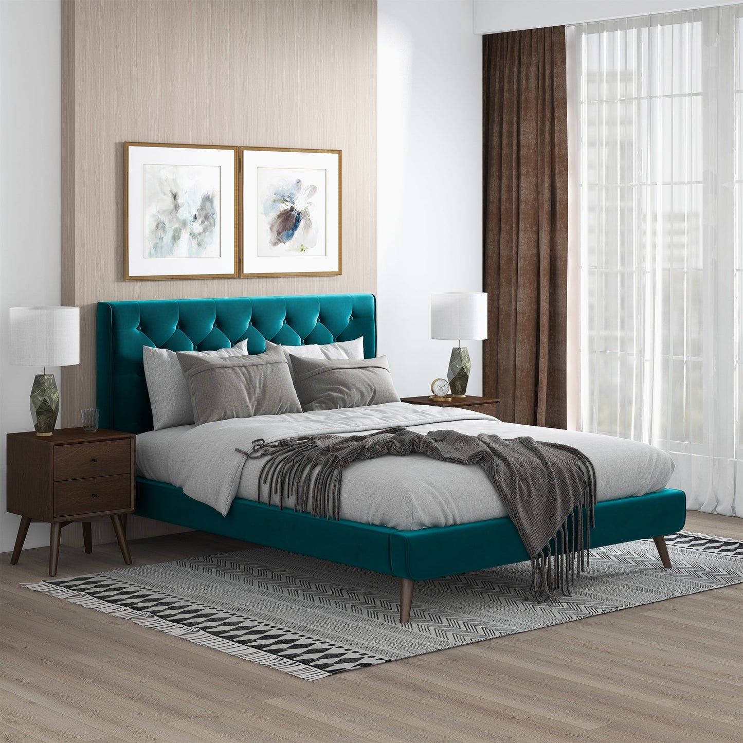 Dillon Teal Velvet Platform Bed Queen