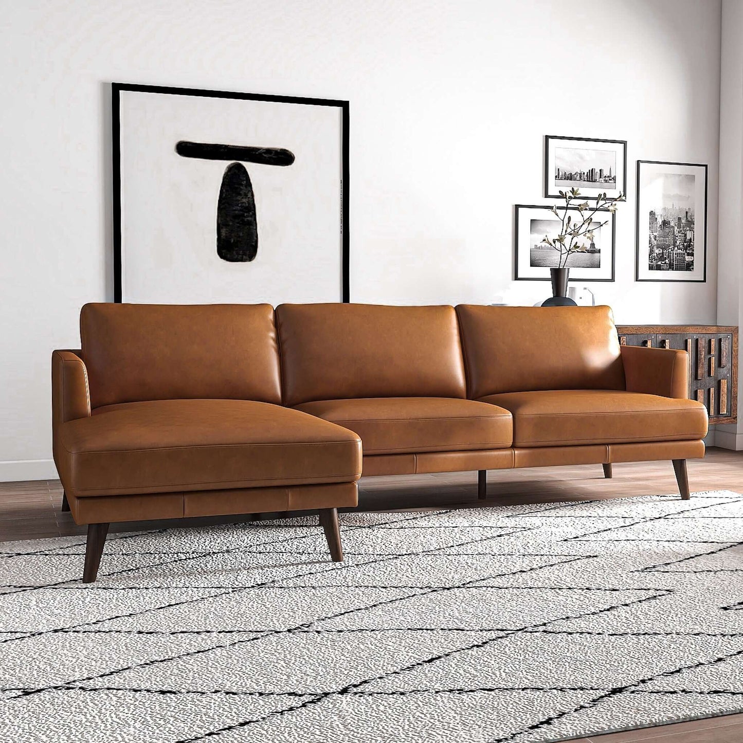Lore L-Shaped Genuine Leather Sectional In Tan