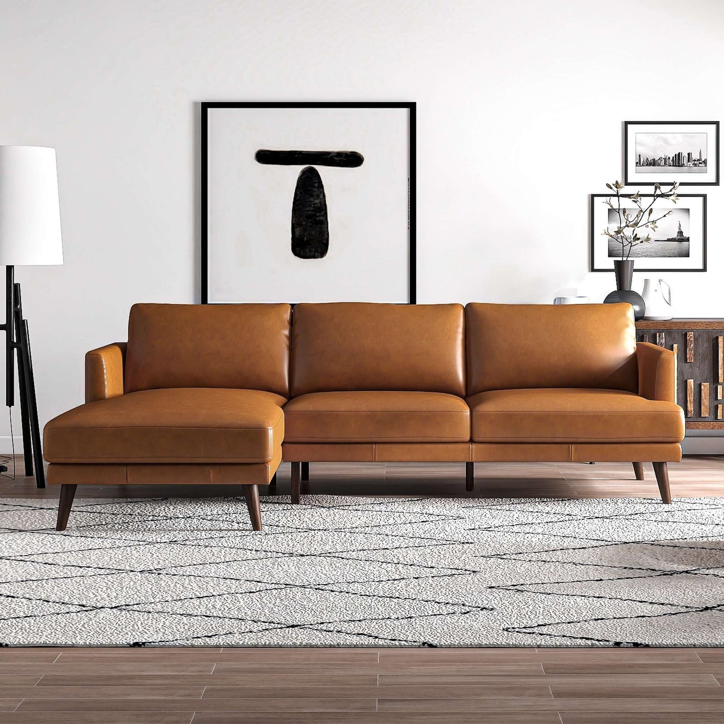 Lore L-Shaped Genuine Leather Sectional In Tan
