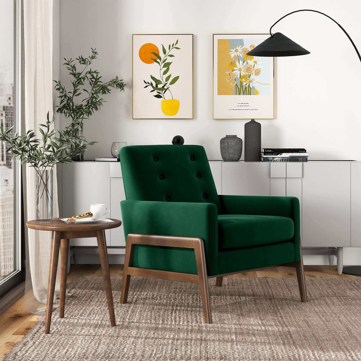 Cole Solid Wood Green Velvet Lounge Chair