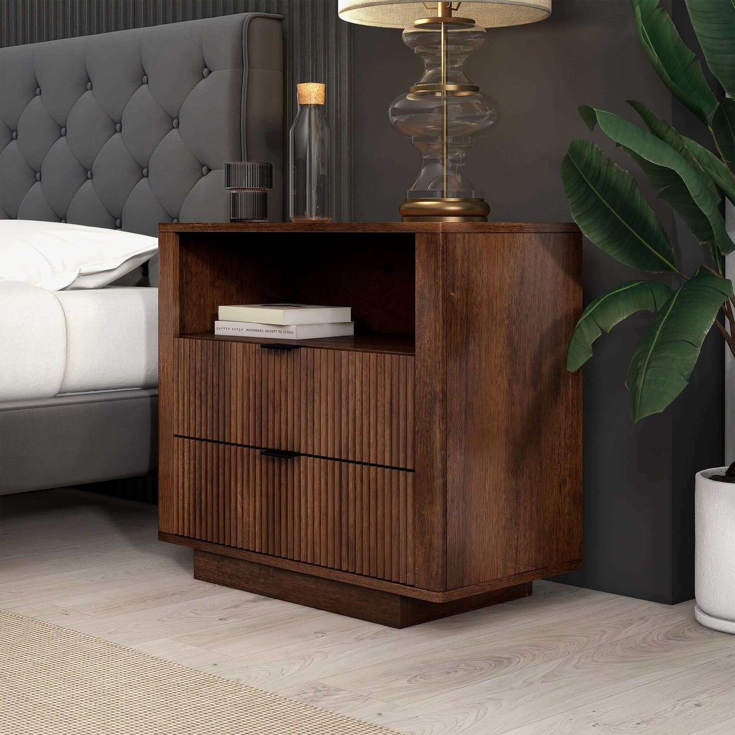 Lola Mid Century Modern Walnut Nightstand