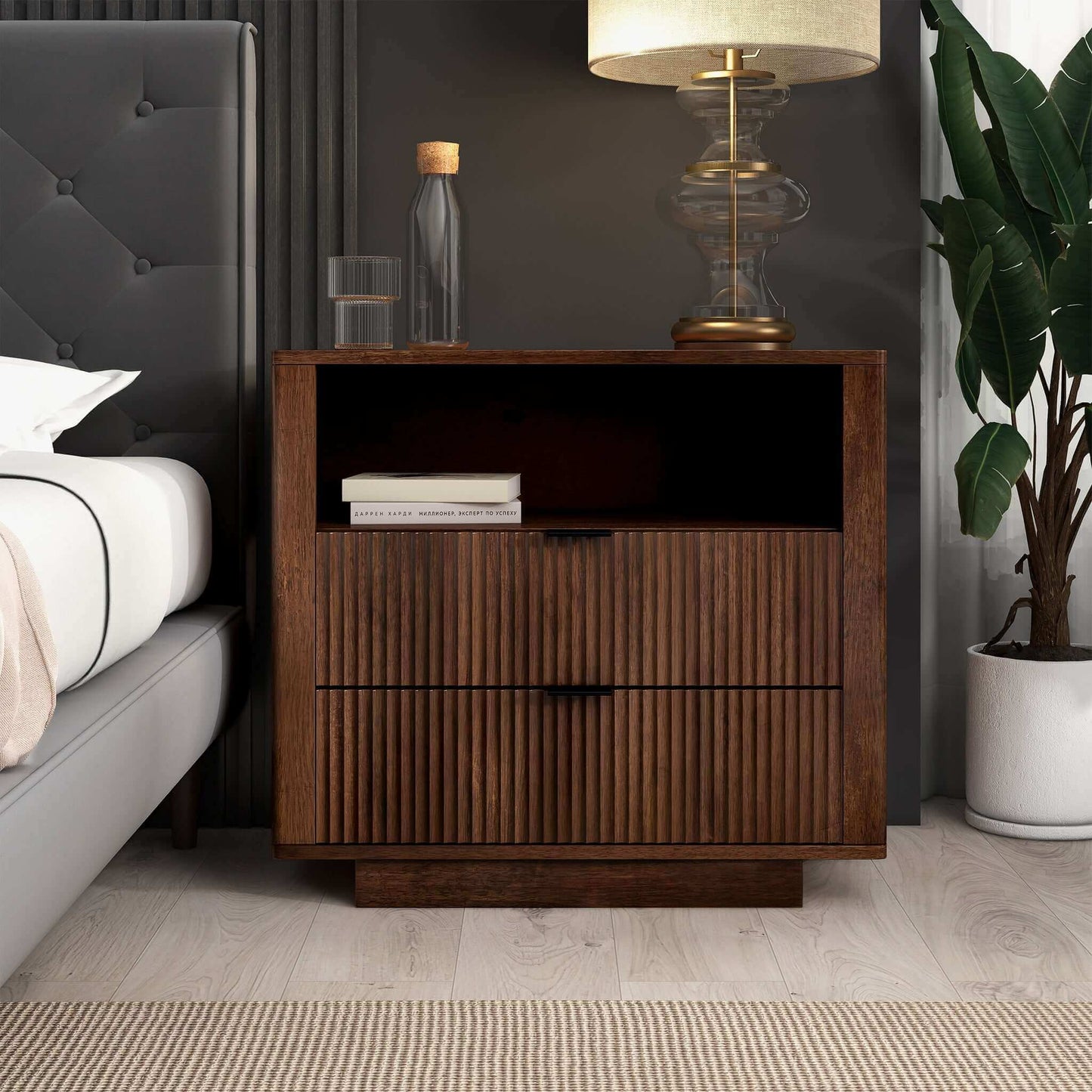 Lola Mid Century Modern Walnut Nightstand