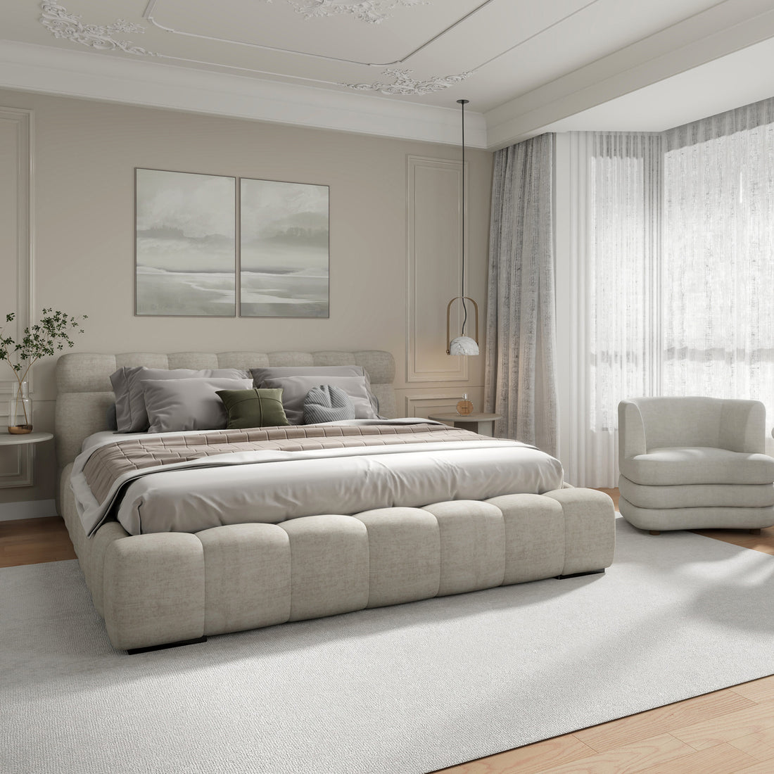 Pasha Platform King Bed Beige Pearl