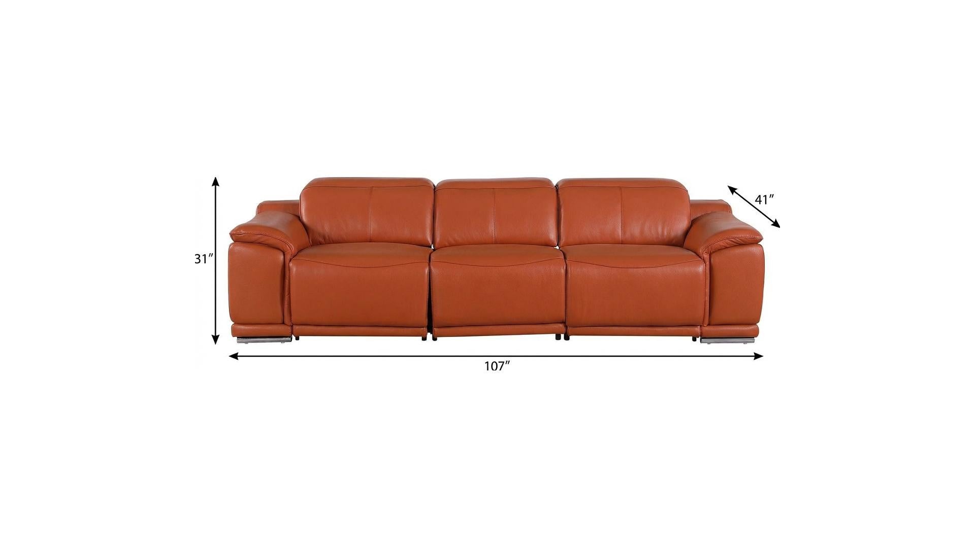 107" Camel Italian Leather Reclining Metal USB Sofa