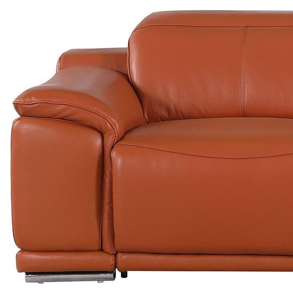 107" Camel Italian Leather Reclining Metal USB Sofa