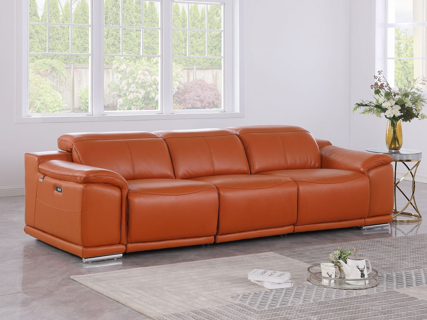 107" Camel Italian Leather Reclining Metal USB Sofa