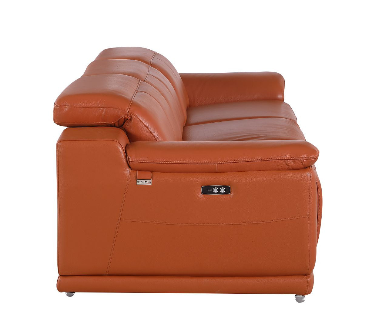 107" Camel Italian Leather Reclining Metal USB Sofa