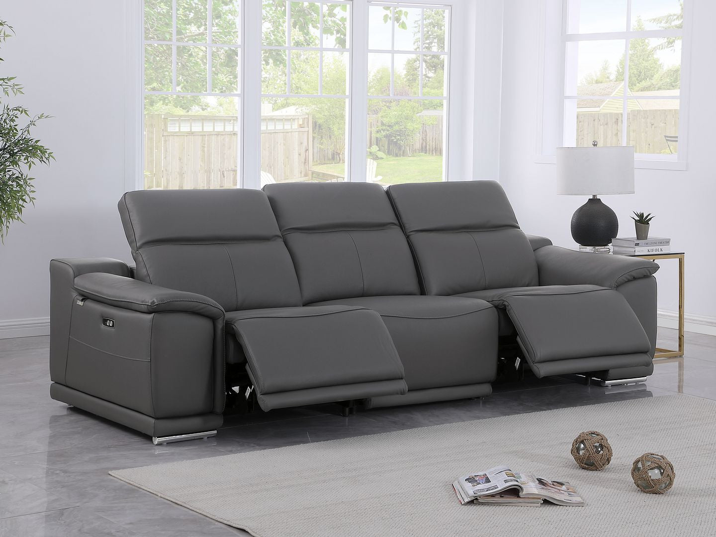 107" Dark Gray Italian Leather Reclining Metal USB Sofa
