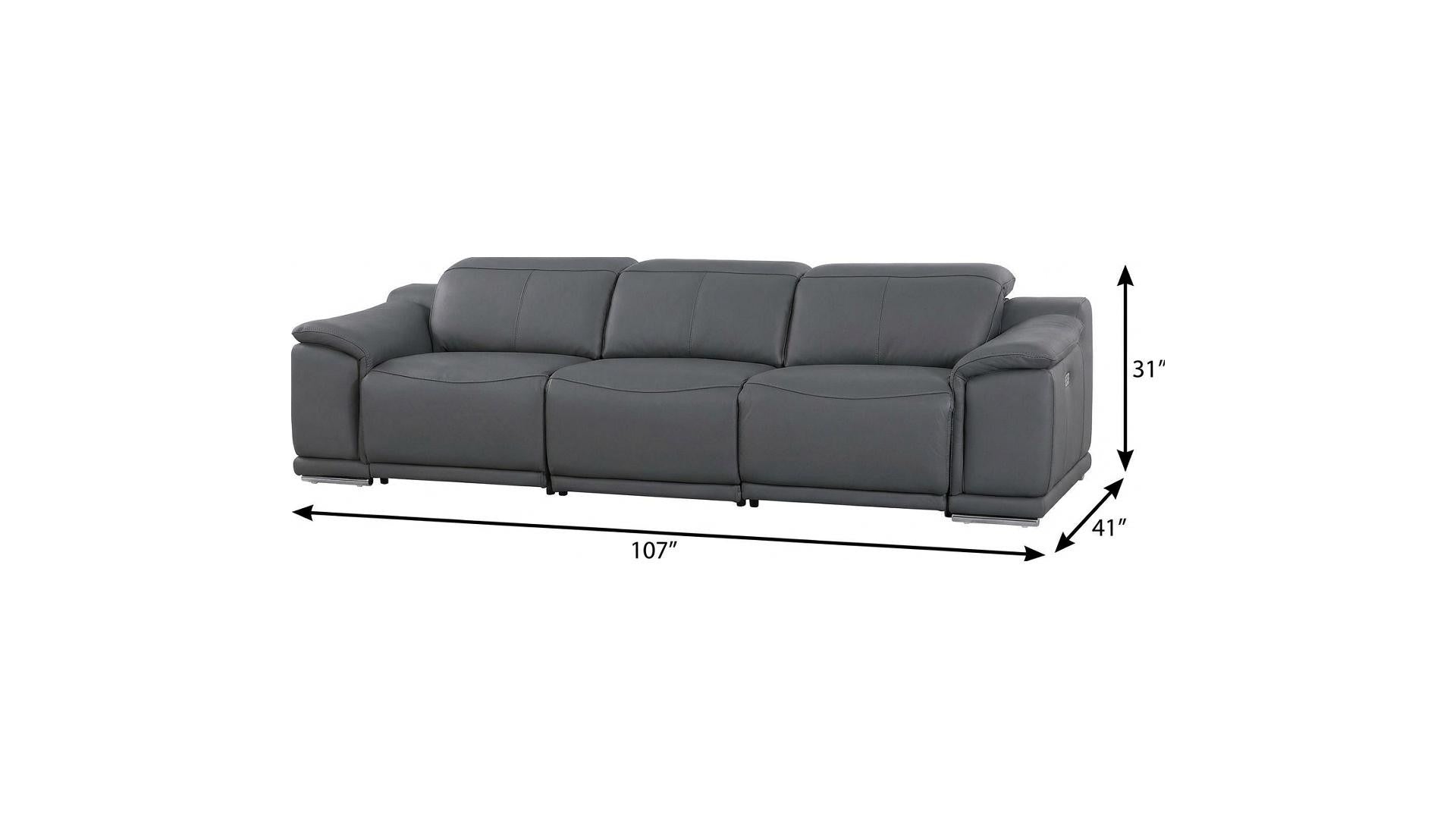 107" Dark Gray Italian Leather Reclining Metal USB Sofa