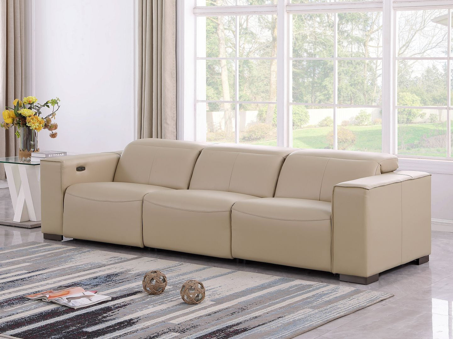 110" Black Top Grain Leather Reclining Metal USB Sofa