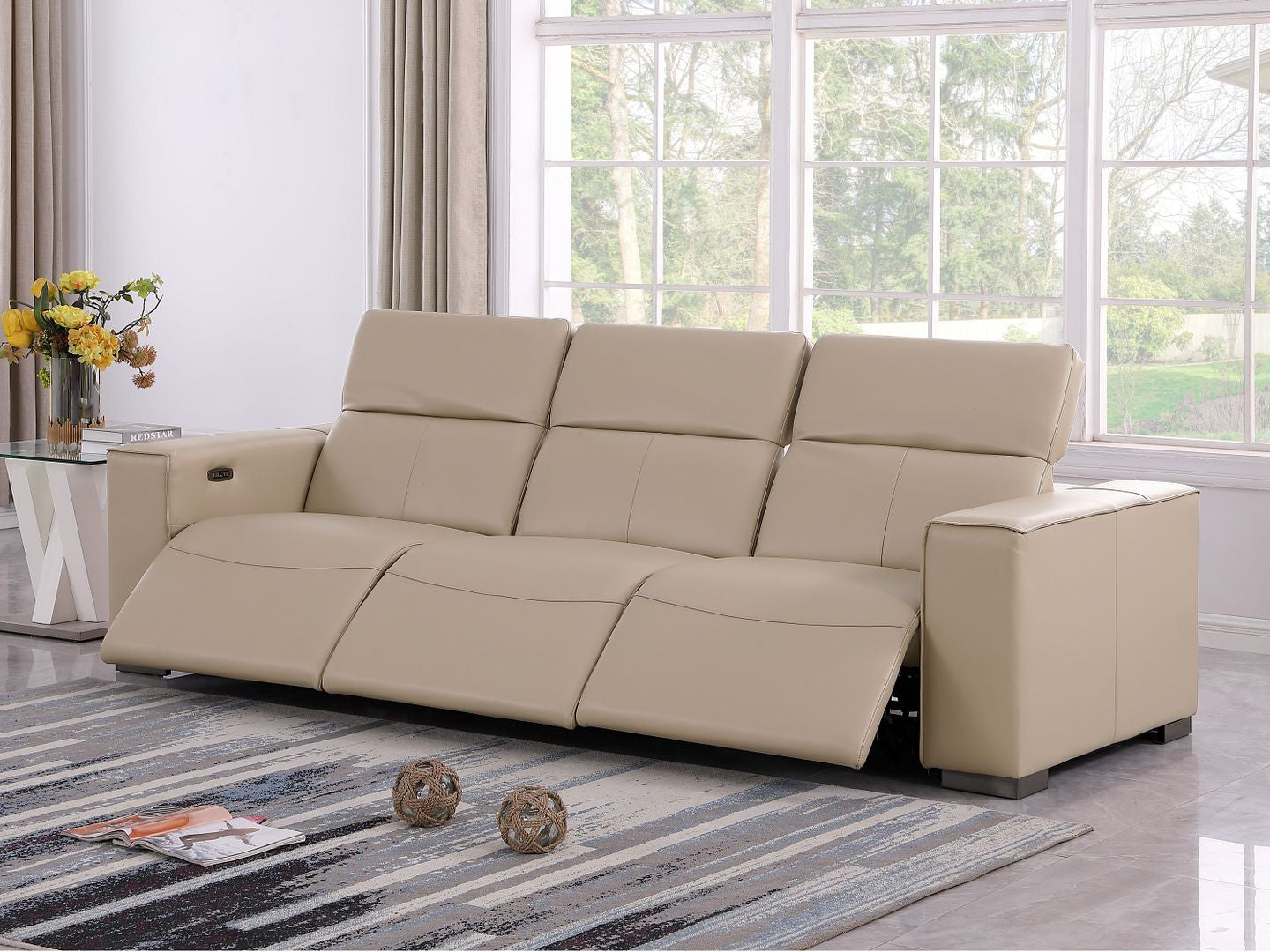 110" Black Top Grain Leather Reclining Metal USB Sofa
