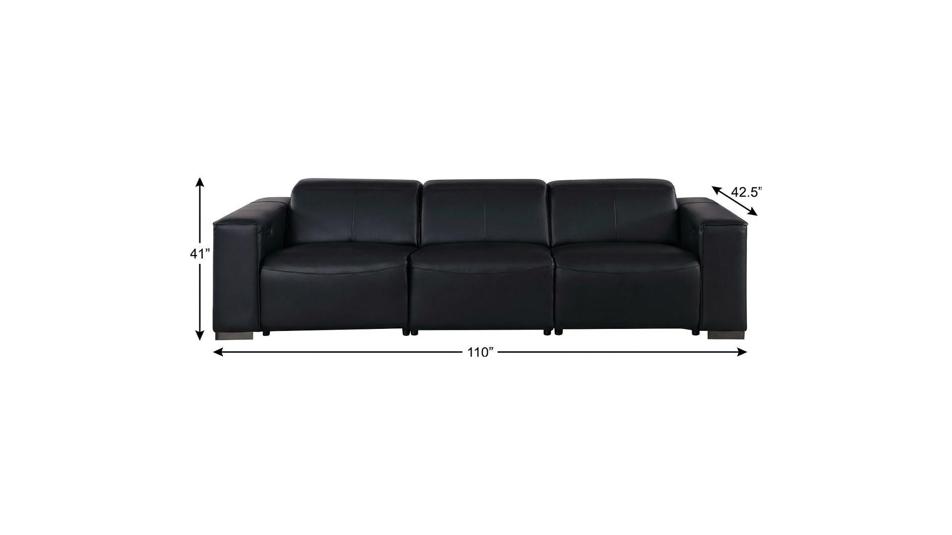 110" Black Top Grain Leather Reclining Metal USB Sofa