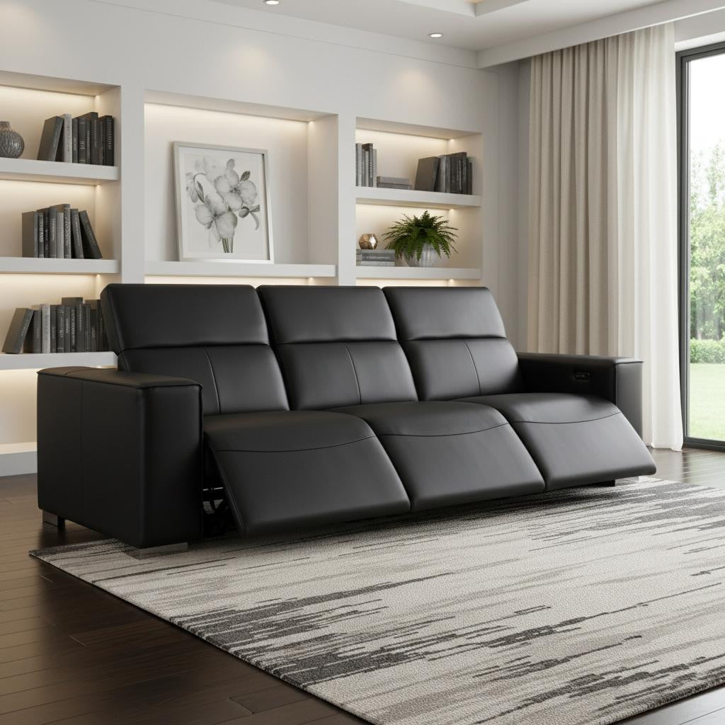 110" Black Top Grain Leather Reclining Metal USB Sofa
