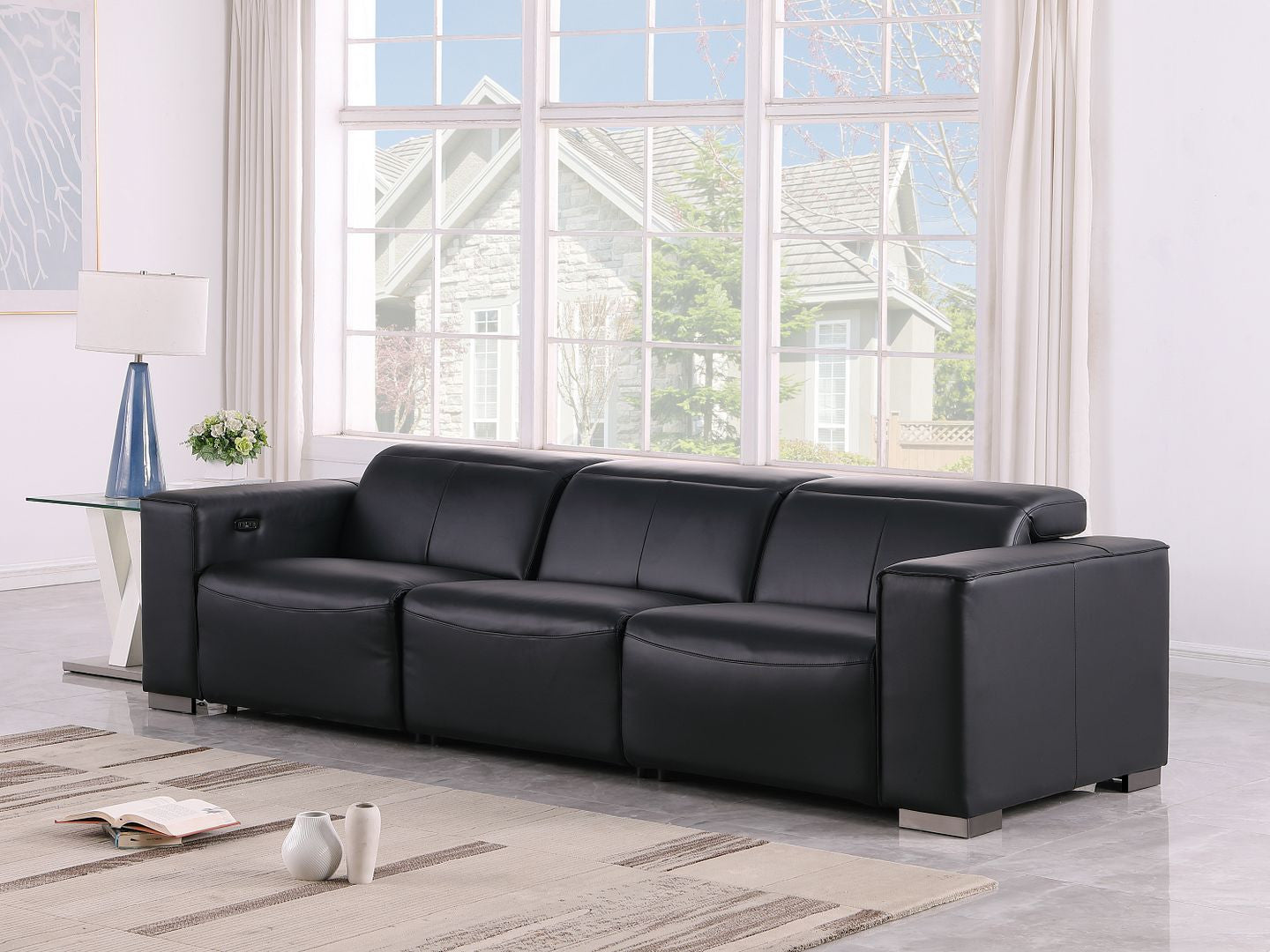 110" Black Top Grain Leather Reclining Metal USB Sofa