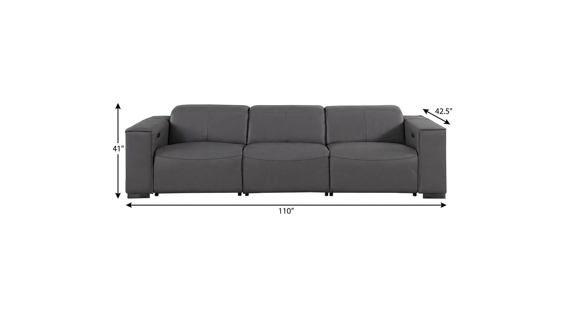 110" Black Top Grain Leather Reclining Metal USB Sofa