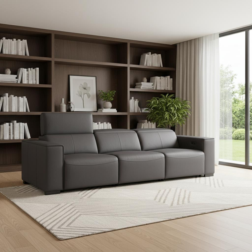 110" Black Top Grain Leather Reclining Metal USB Sofa