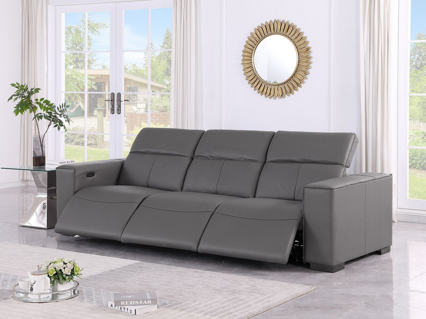 110" Black Top Grain Leather Reclining Metal USB Sofa