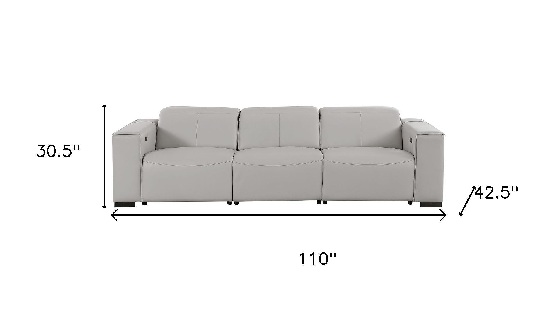 110" Black Top Grain Leather Reclining Metal USB Sofa