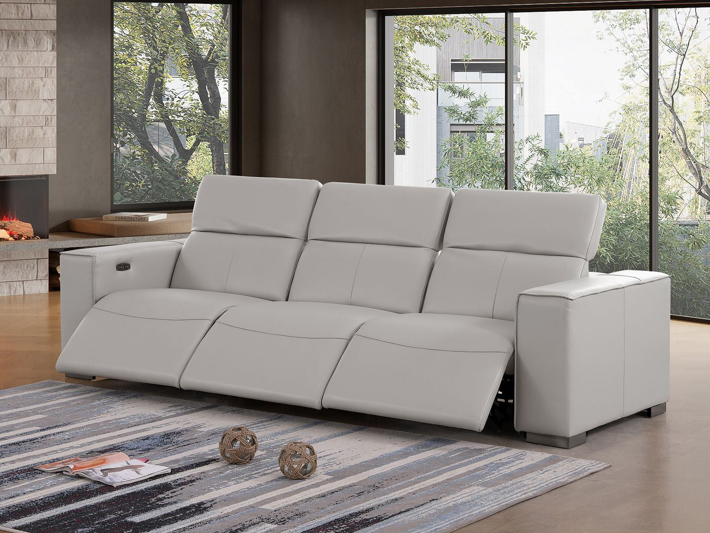 110" Black Top Grain Leather Reclining Metal USB Sofa