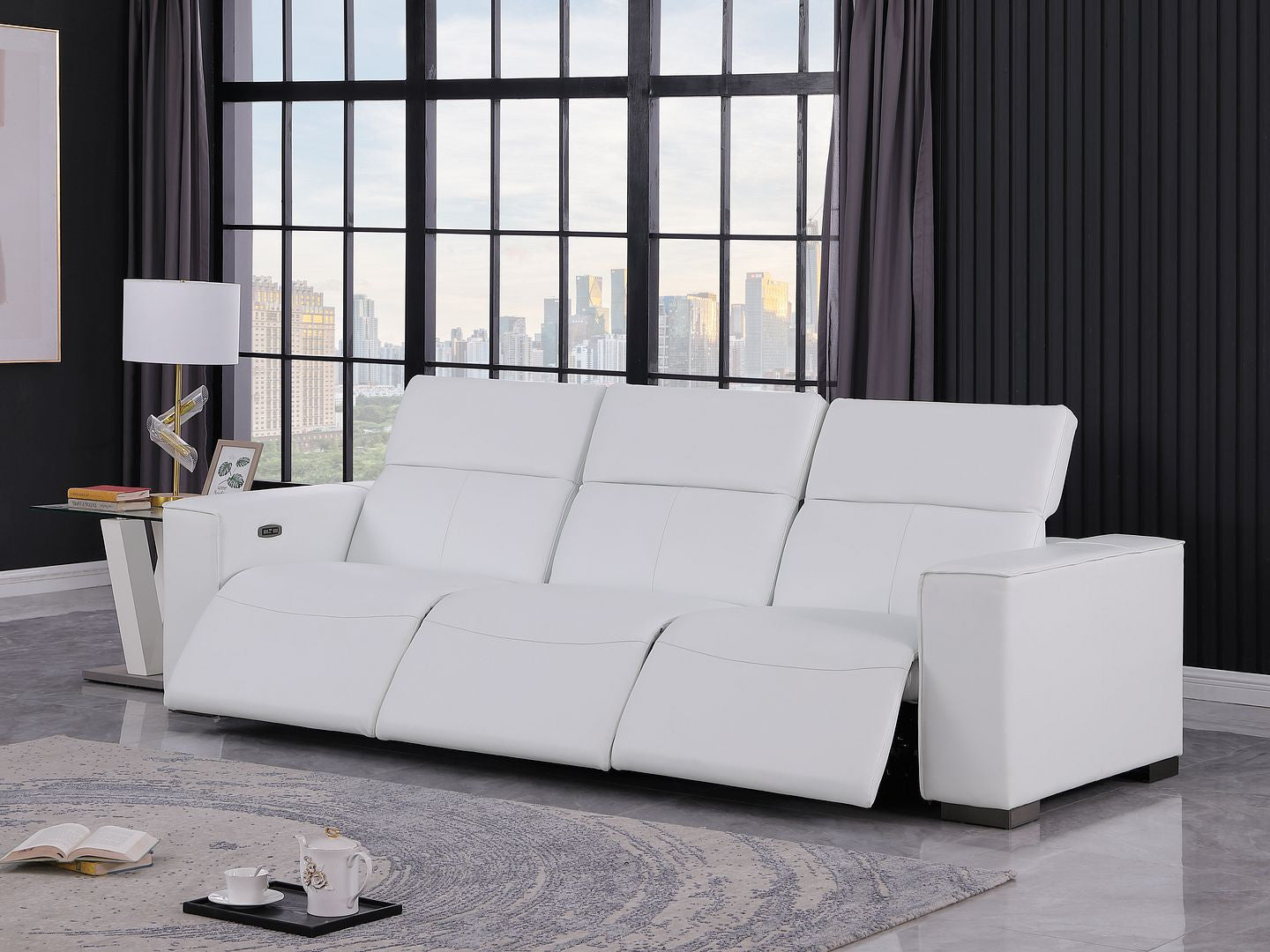 110" Black Top Grain Leather Reclining Metal USB Sofa
