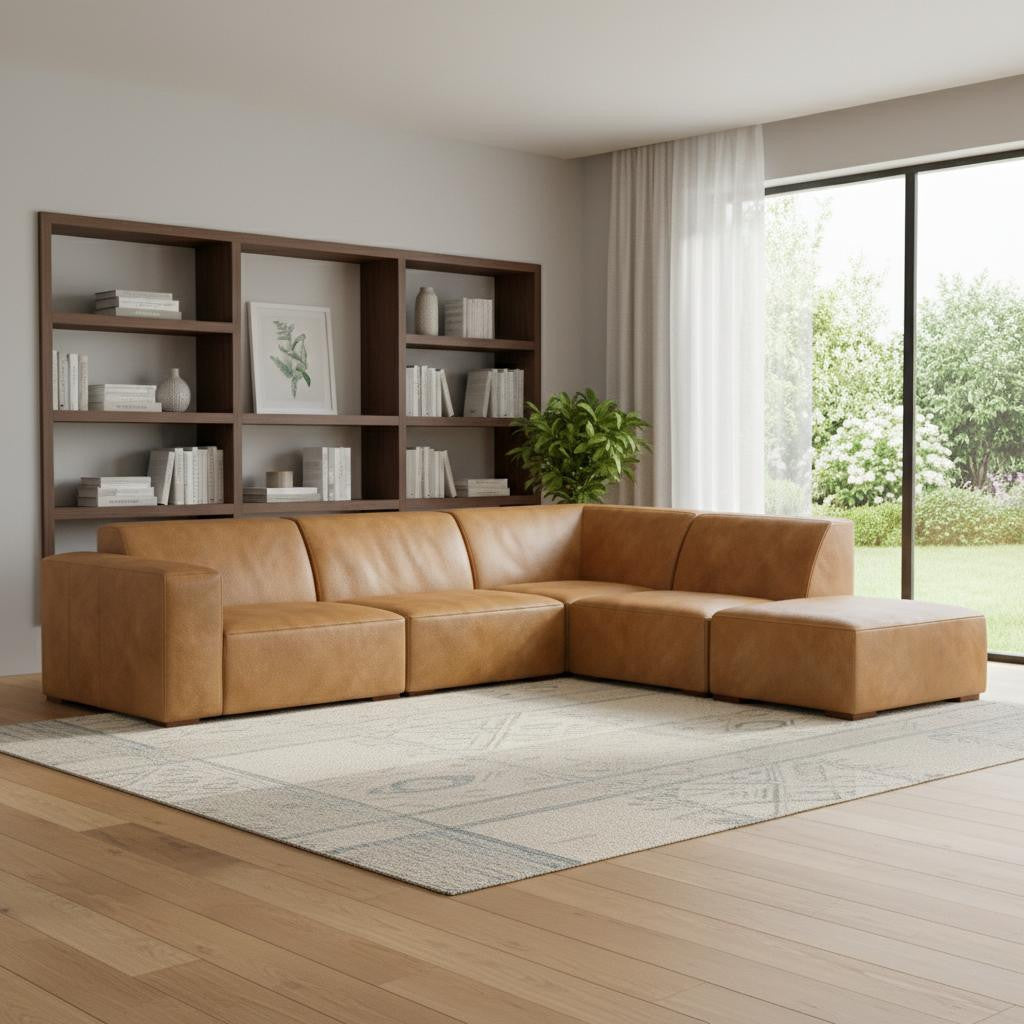 116" Sienna Leather Sofa With Ottoman With Brown Legs Left Facing