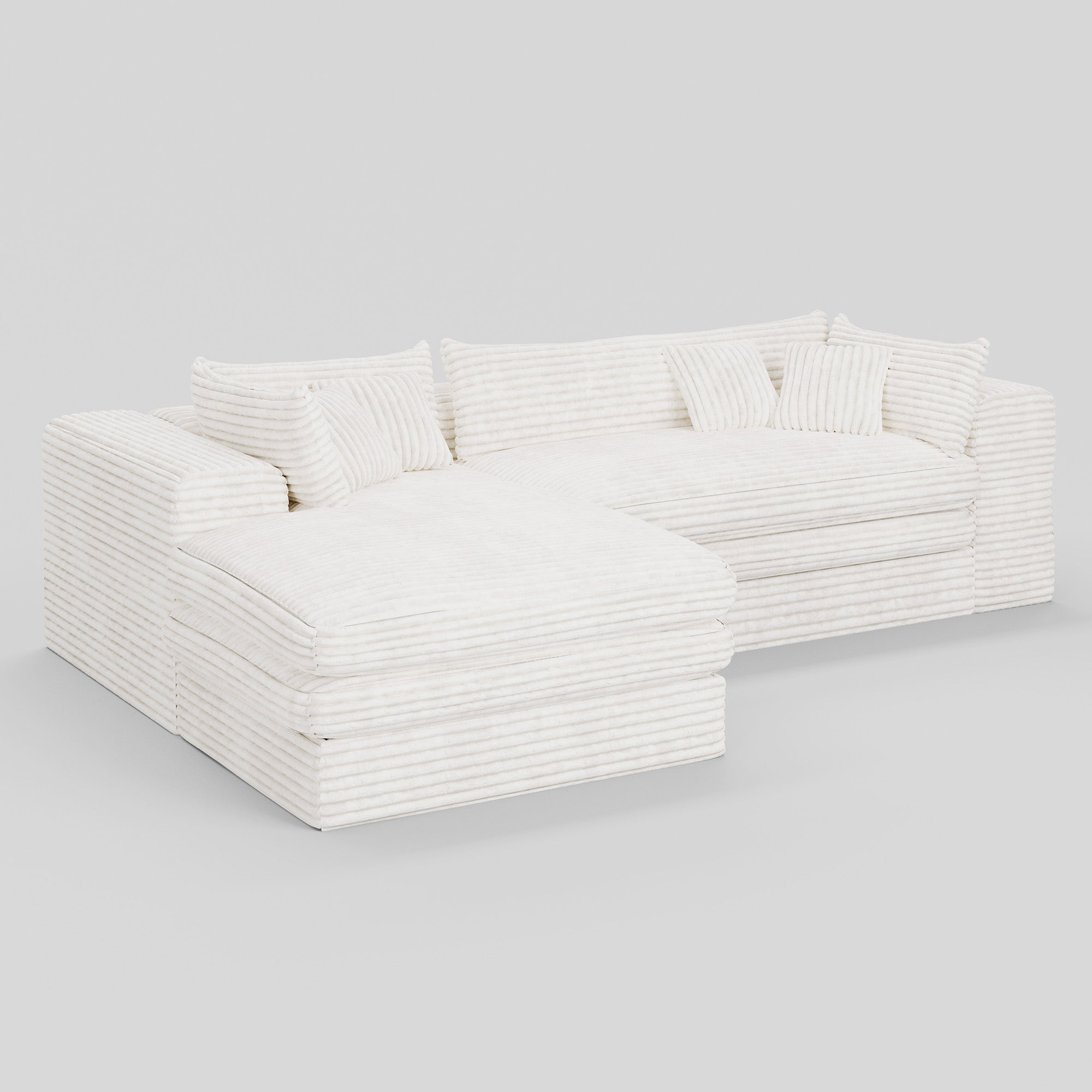 121" Left Facing White Corduroy Compression Foam Sofa