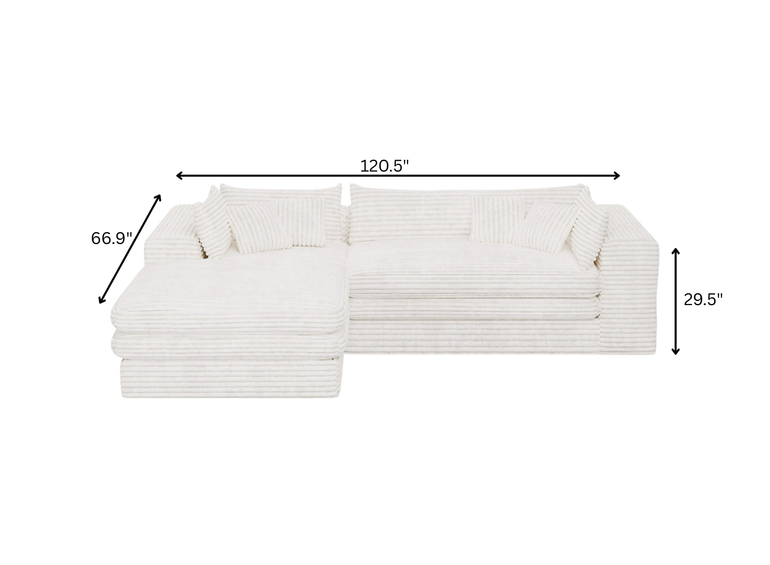 121" Left Facing White Corduroy Compression Foam Sofa