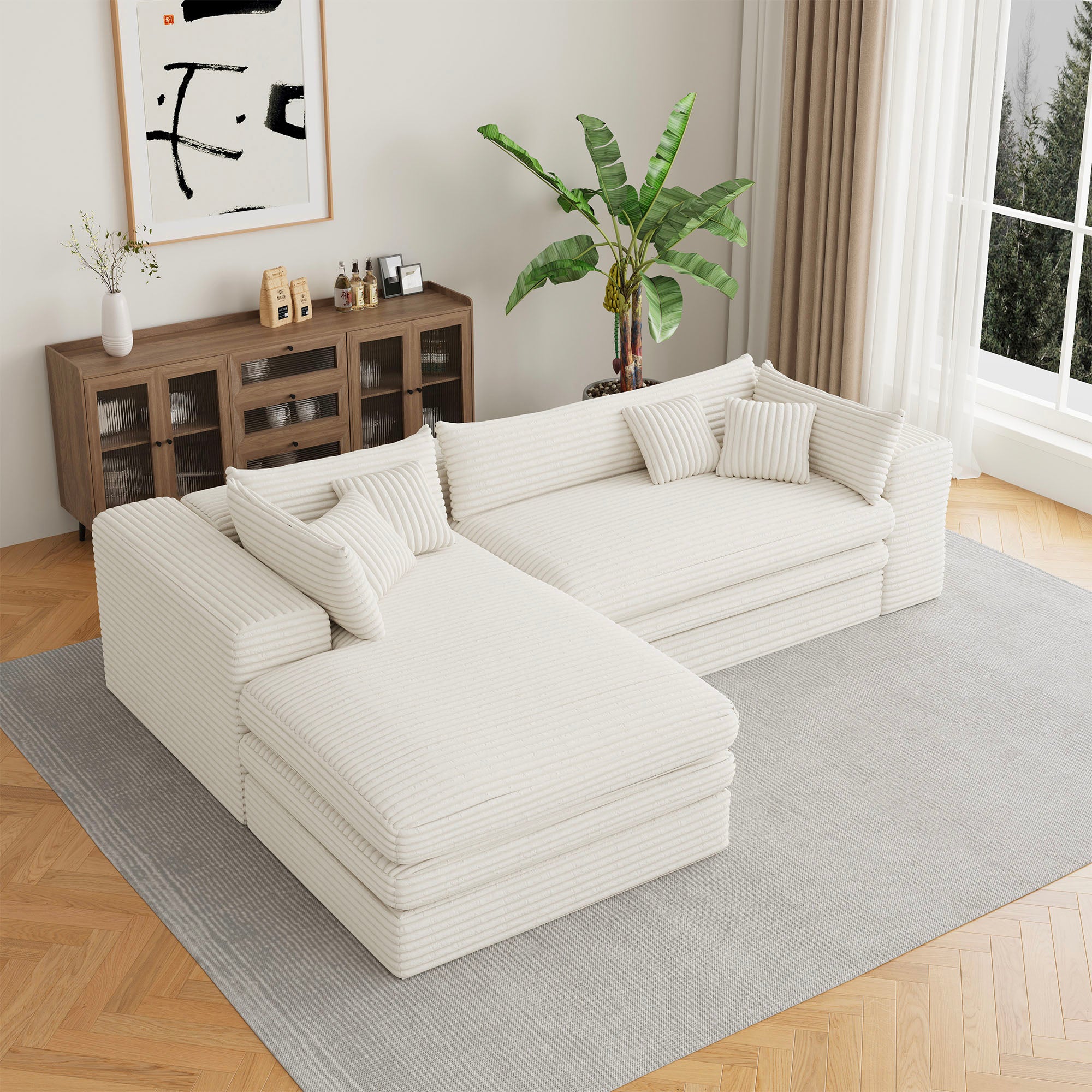 121" Left Facing White Corduroy Compression Foam Sofa