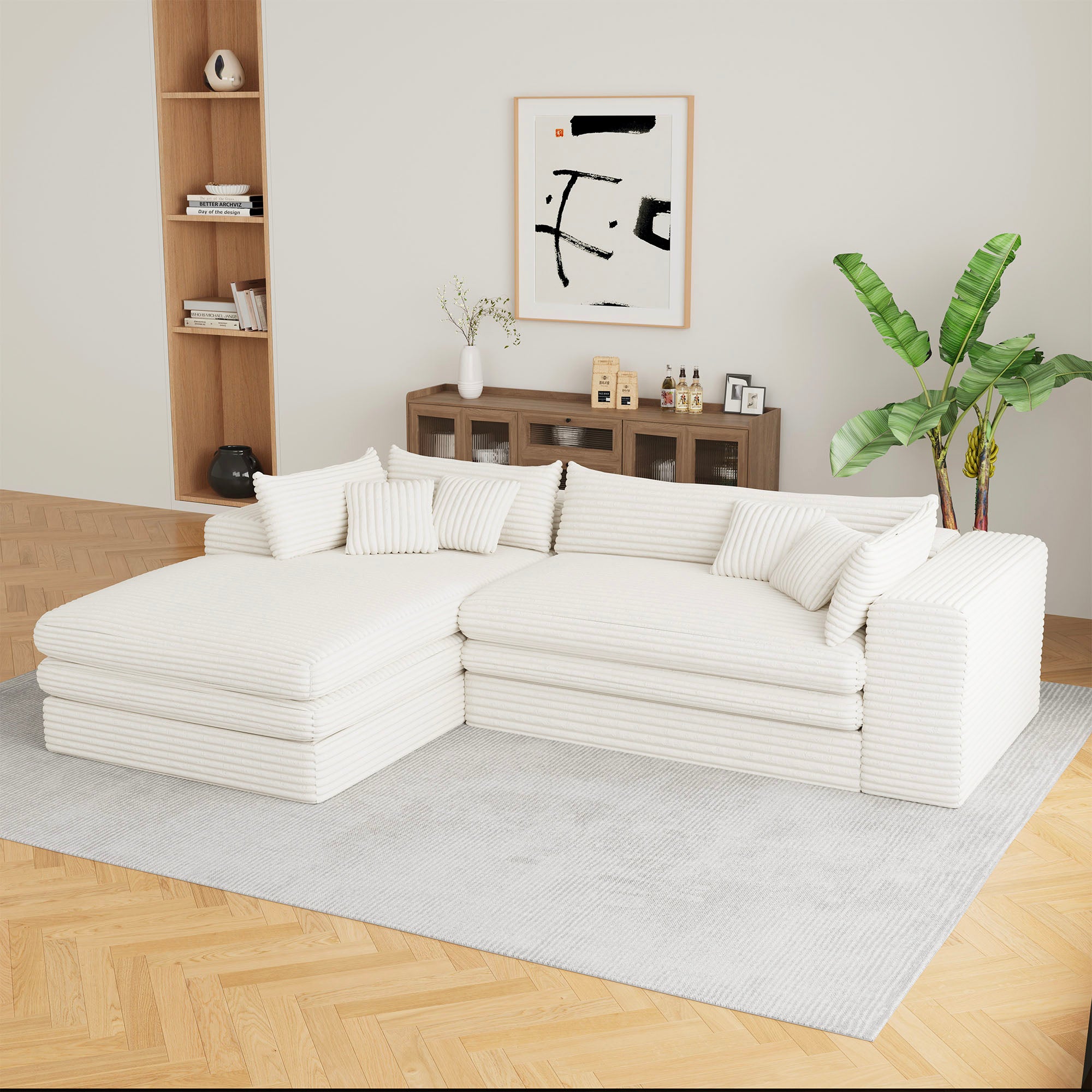 121" Left Facing White Corduroy Compression Foam Sofa