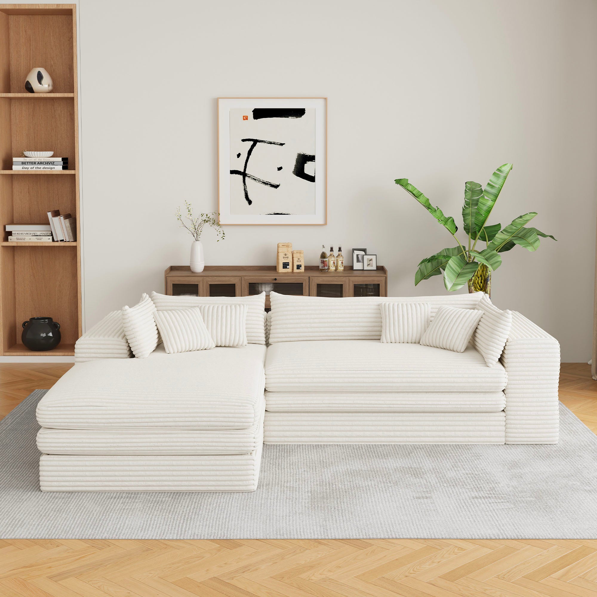 121" Left Facing White Corduroy Compression Foam Sofa