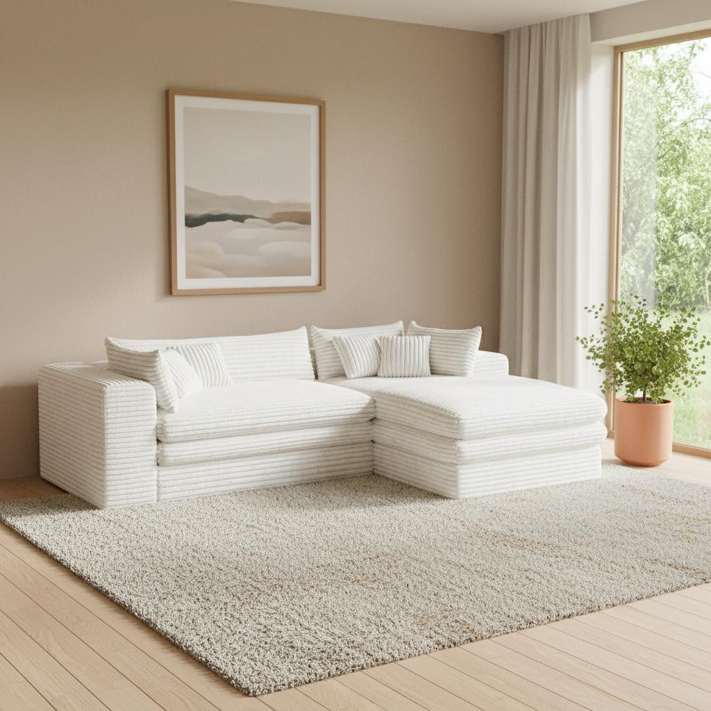 121" Left Facing White Corduroy Compression Foam Sofa