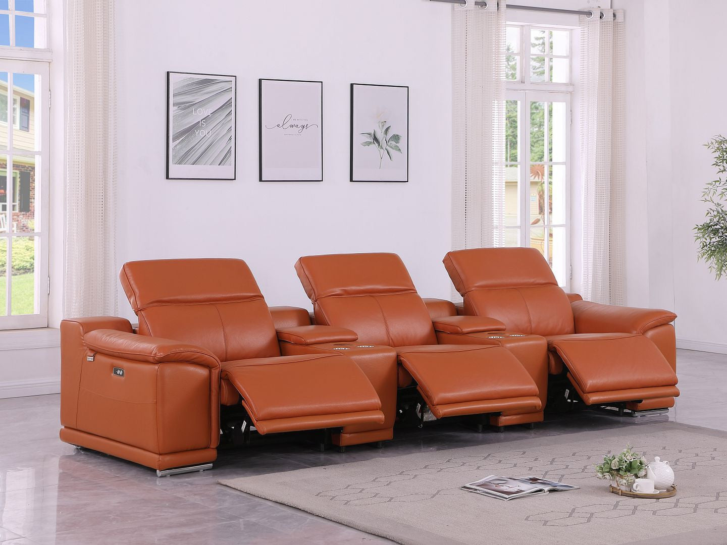 134" Camel Italian Leather Reclining Metal USB Sofa